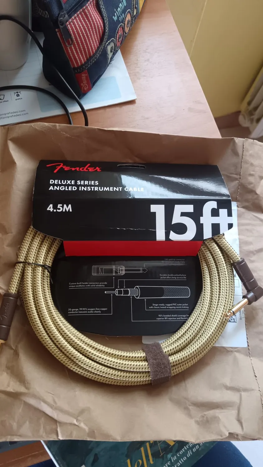 Fender Deluxe Cavo Jack Chitarra 3m Tweed dritto angolato