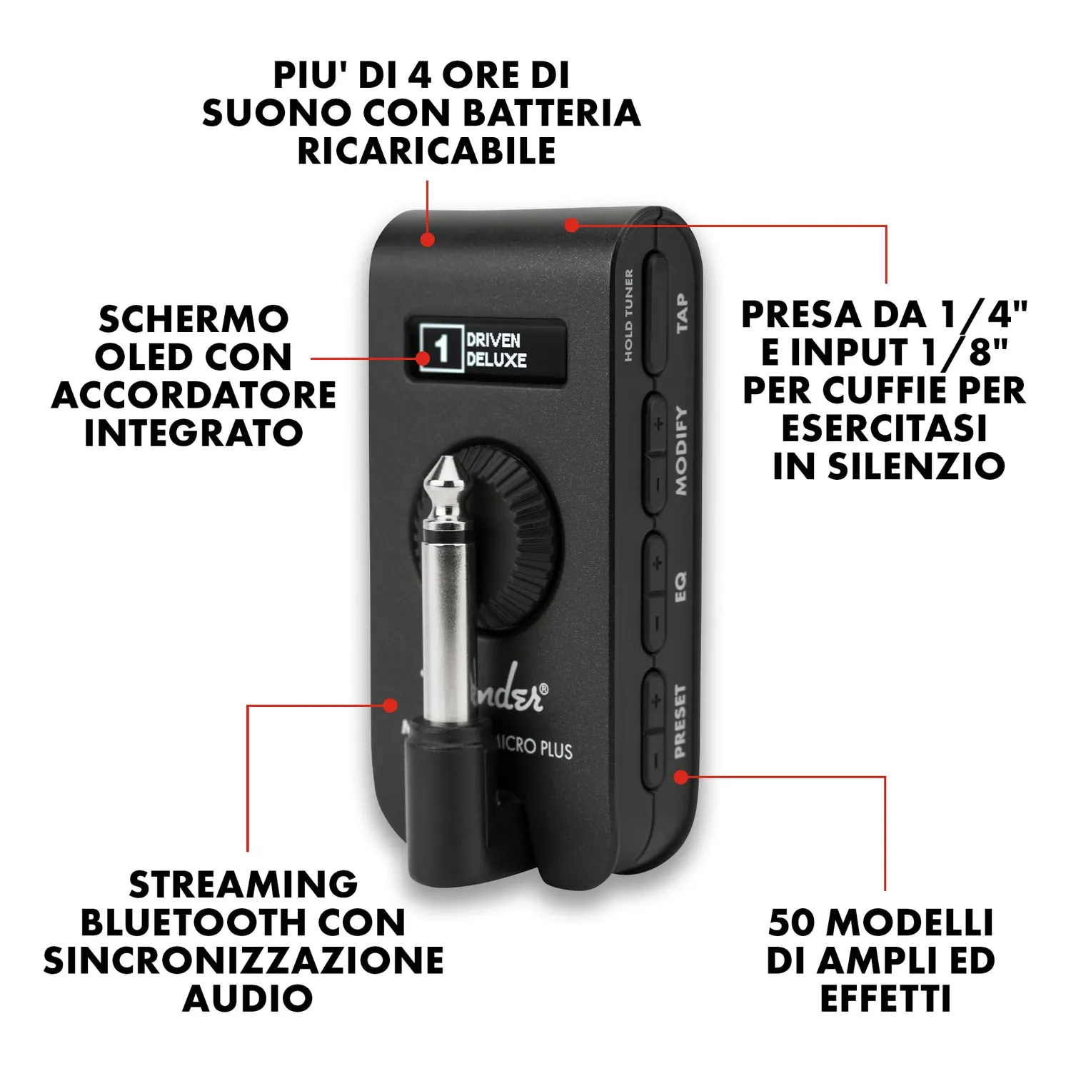 Fender Mustang Micro Plus amplificatore cuffie Bluetooth 100 preset
