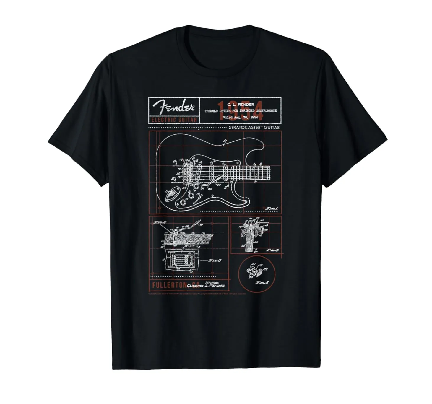 Fender Stratocaster Diagram Boxes maglietta nera grafica